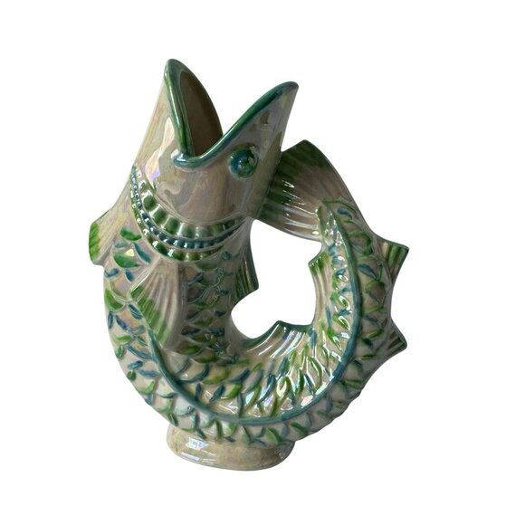 Vtg Studio Pottery 6” Gurgling Fish Vase Green Iredescent Finish Signed 1970s - Picture 4 of 9
